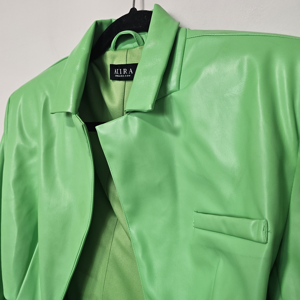 AKIRA M Green Faux Leather Mini Dress Trench Coat Size Going Out Party Miami ~ - Picture 4 of 9